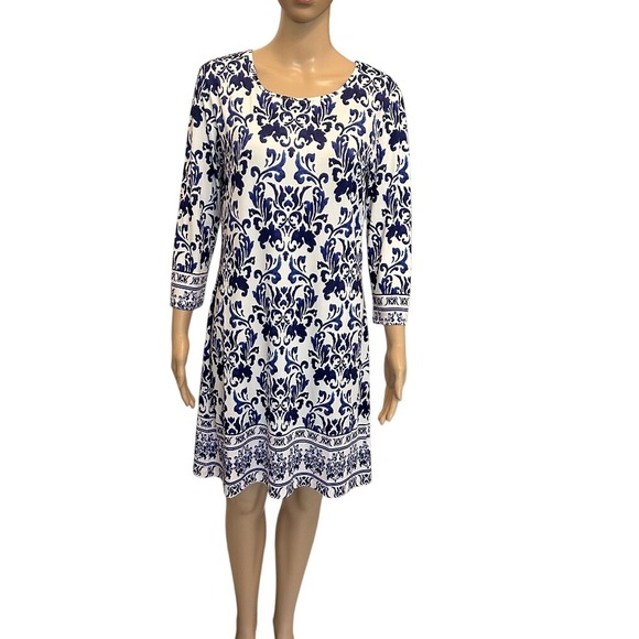 JEAN-PIERRE KLIFA Paris Blue White Floral Print 3/4 Sleeve Dress Size M - Picture 2 of 5
